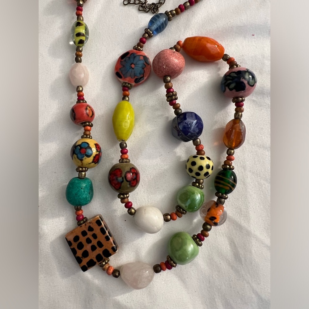 Artisinal Pop Art Glass Hipster Bead Chunky Statement Lampwork Necklace 33" Long
